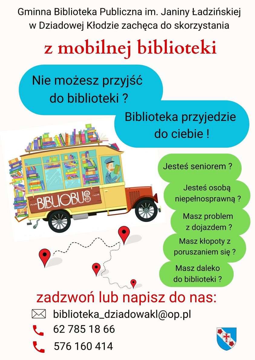 Plakat informacyjny mobilnej biblioteki, transkrypcja znajduje się poniżej